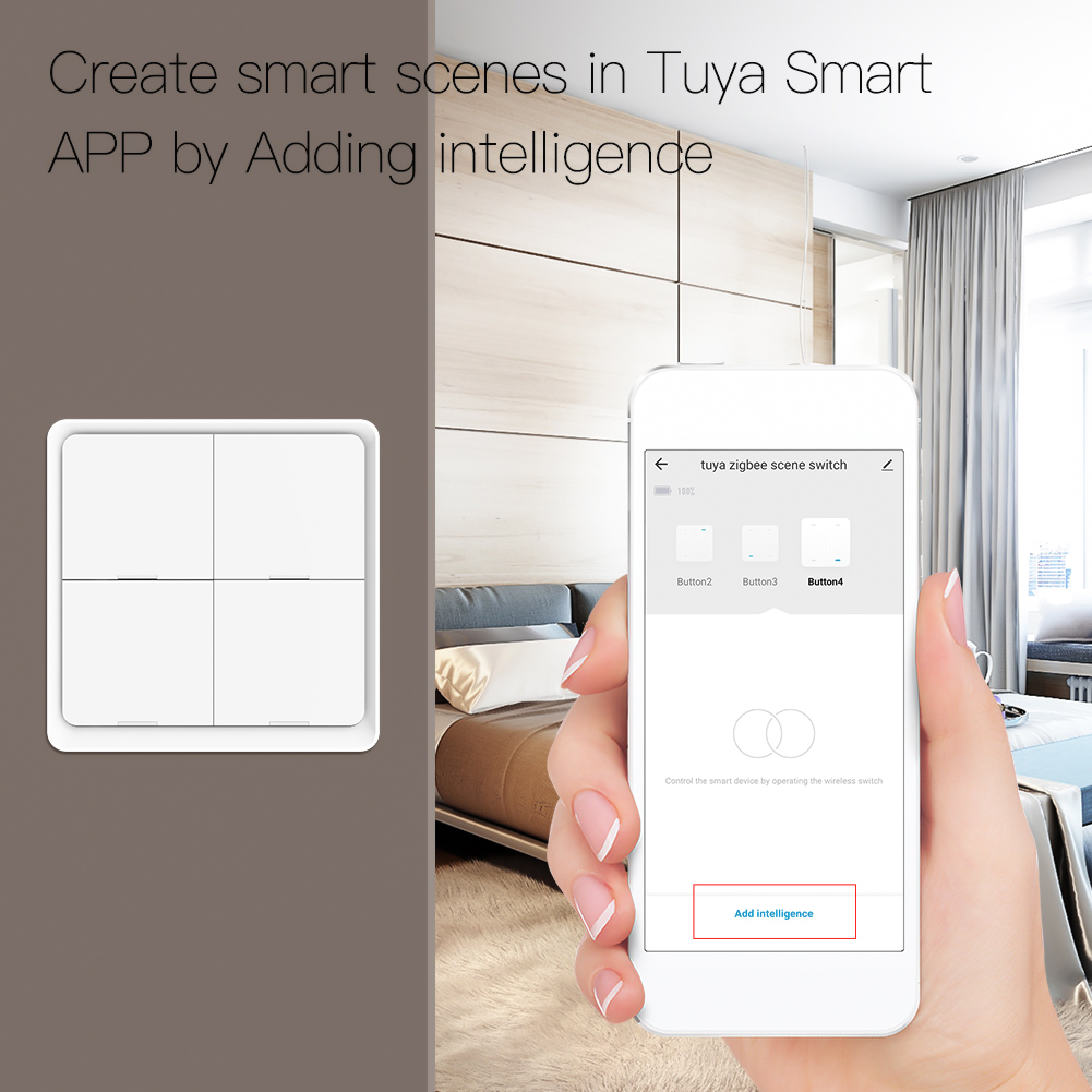Migeet Wireless Scene Switch Push Button Smart Switch Wall Panel Power unit Powered Tuya/ Smart Life APP Remote Control for Smart Home Devices(ZigBee Hub Required), Black 4 Gang. 