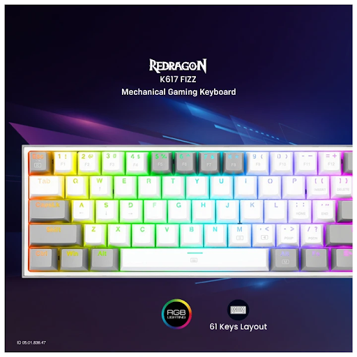 Redragon K617 FIZZ RGB (Red Switch) Gray-White gaming Keyboard. 