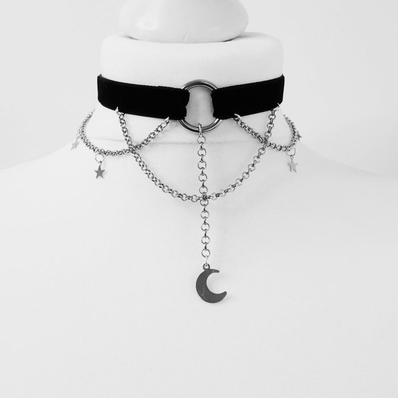 Black Crescent Moon Choker Necklace Gothic Grunge Black Velvet Jewelry Gorgeous Women Pendant Gift Gothic Statement Goth New. 