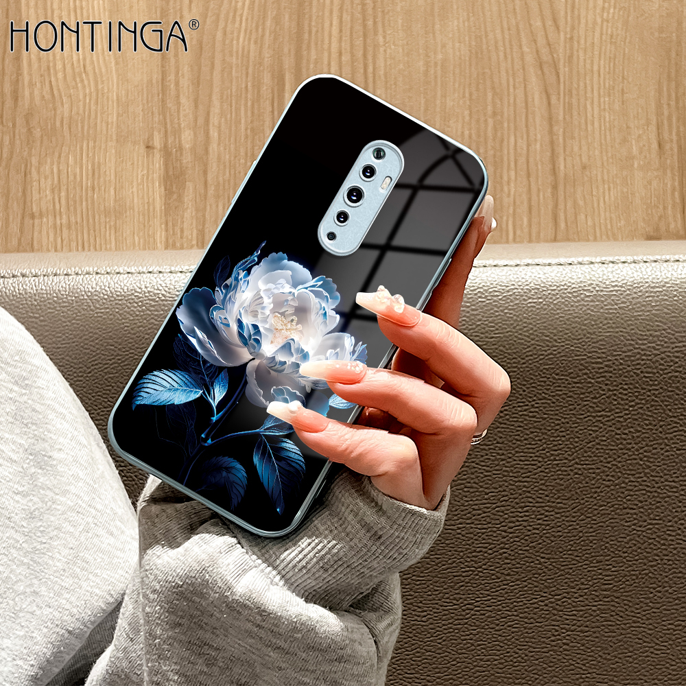 Hontinga for OPPO Reno2 F Reno2 Z Back Cover Luxury Tempered Metallic Lacquer Glass Phone Case White Peony Flower Pattern Cover