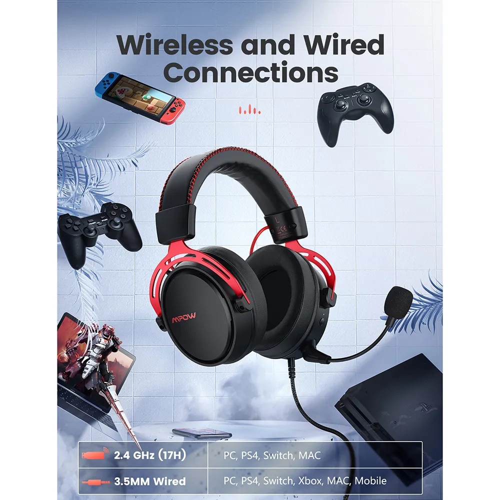 Mpow Air 2.4G Wireless Gaming Headset for PS5/PS4/PC Computer Headphone with Noise Cancelling Mic USB Transmitter for PC Gamer. 