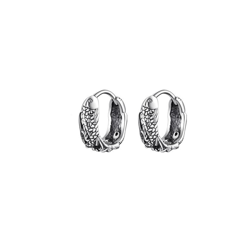 Silver-plated earrings for men, high-end retro koi, personality, boys' earrings, clothing, single, handsome, trendy men's earrings