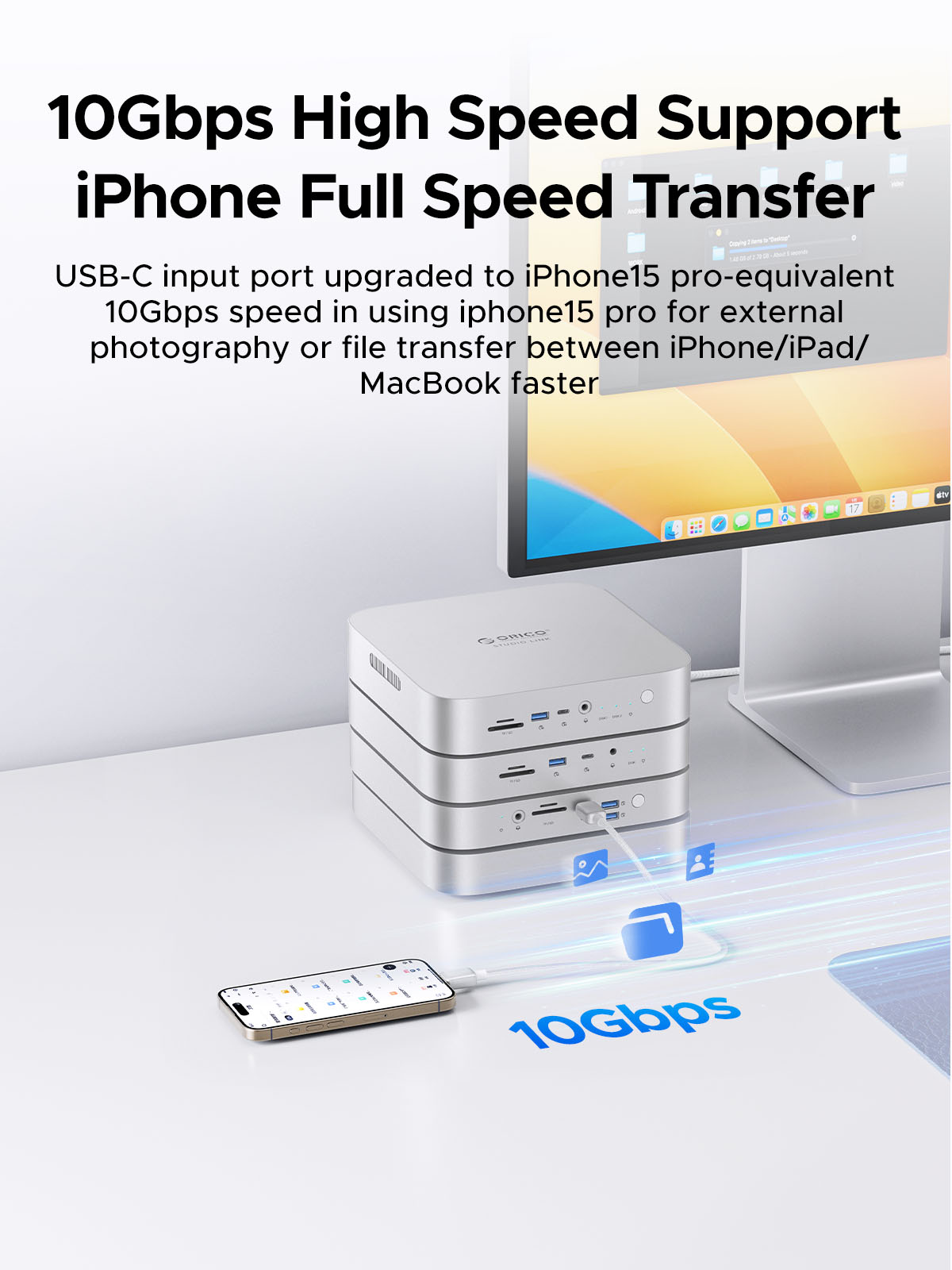 ORICO USB C HUB USB3.2 10GB SD/TF3.0 8-in-1 Docking Station for Mac mini Chassis with M.2 NVME Solid State Drive. 