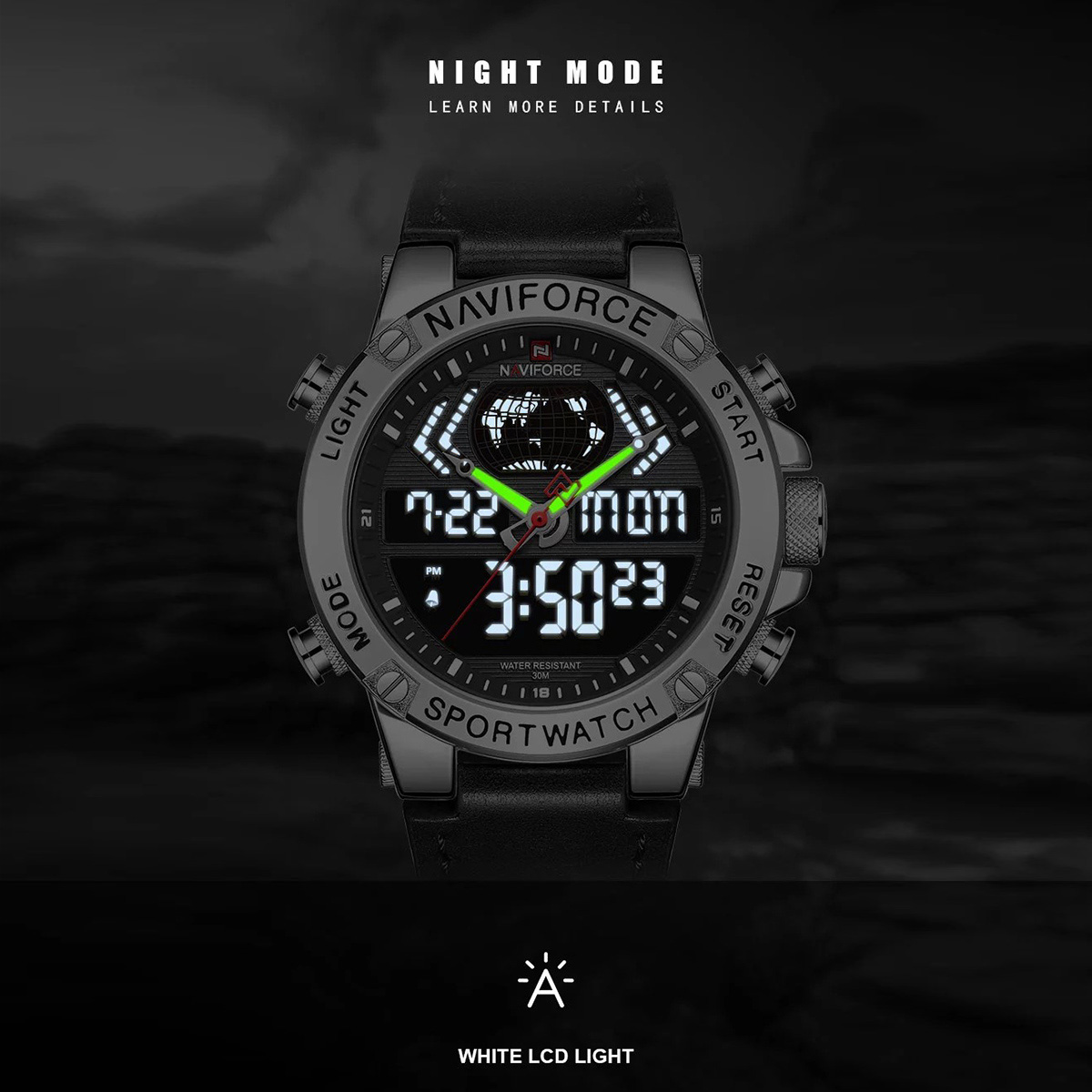 NAVIFORCE NF9164 Black PU Leather Dual Time Wrist Watch for Men