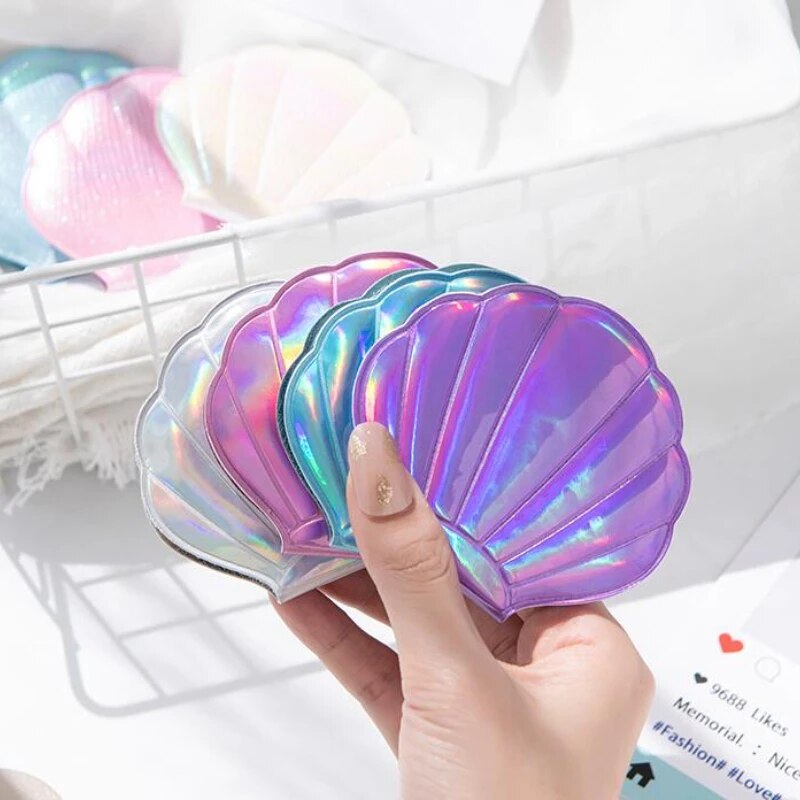 Dream Laser Color Shell Shape Makeup Mirror 2X Magnifying Mirror Portable Double-sided Folding Pocket Kawaii Makeup Accessories. 