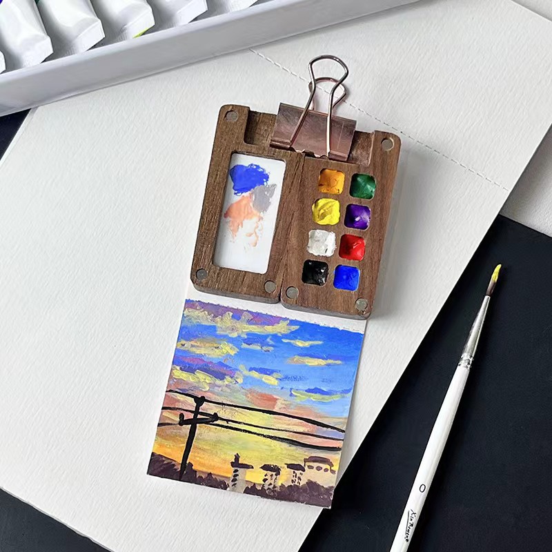 Mini walnut color palette ins creative wooden portable pigment packaging box detachable and foldable for travel. 