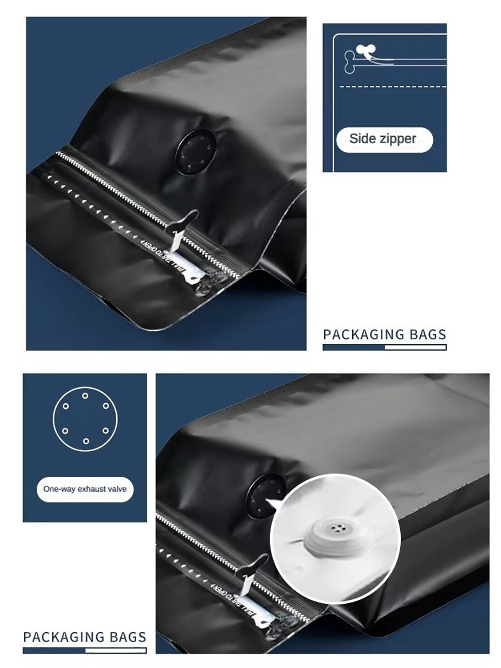 50PCS 100g 250g 500g 340g 1kg Matt Black Square Bottom Foil Laminated Coffee Bag Packaging With T-Zipper And One-way Valve. 