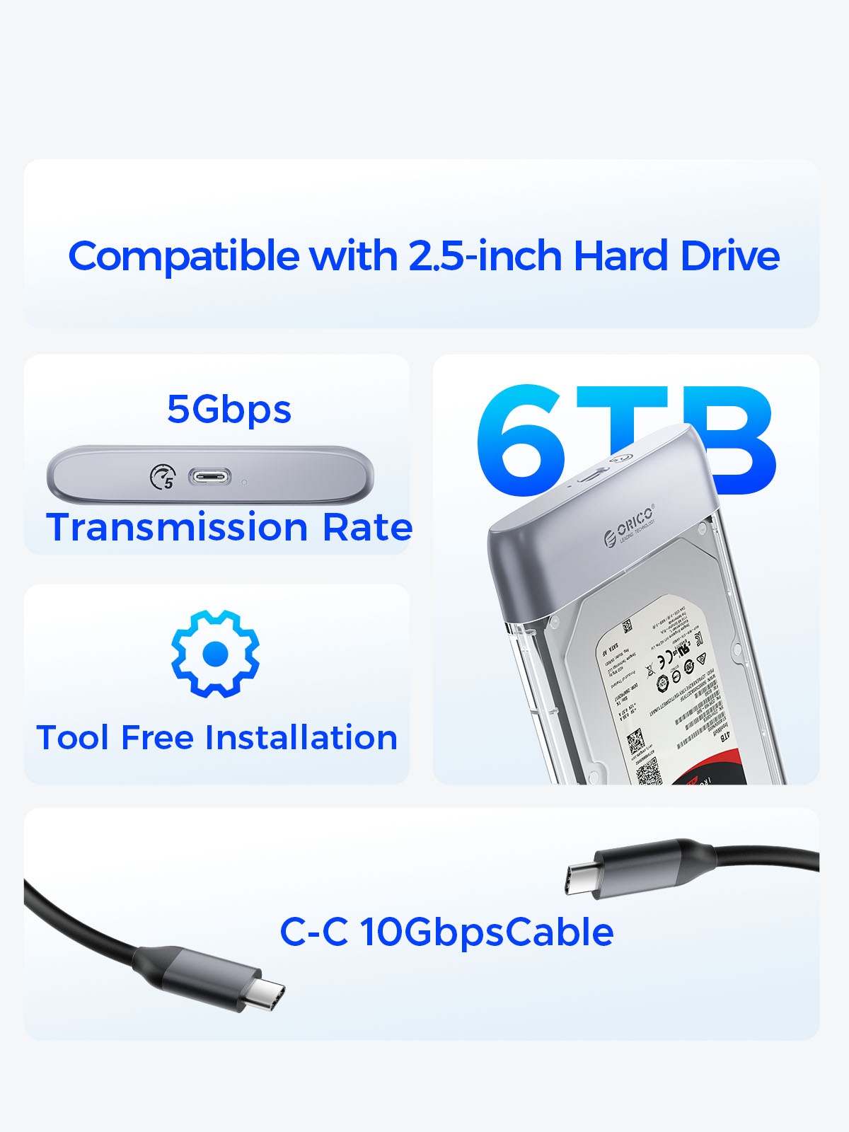 ORICO TX25C3-GY 2.5 inch Type-C Transparent Enclosure. 