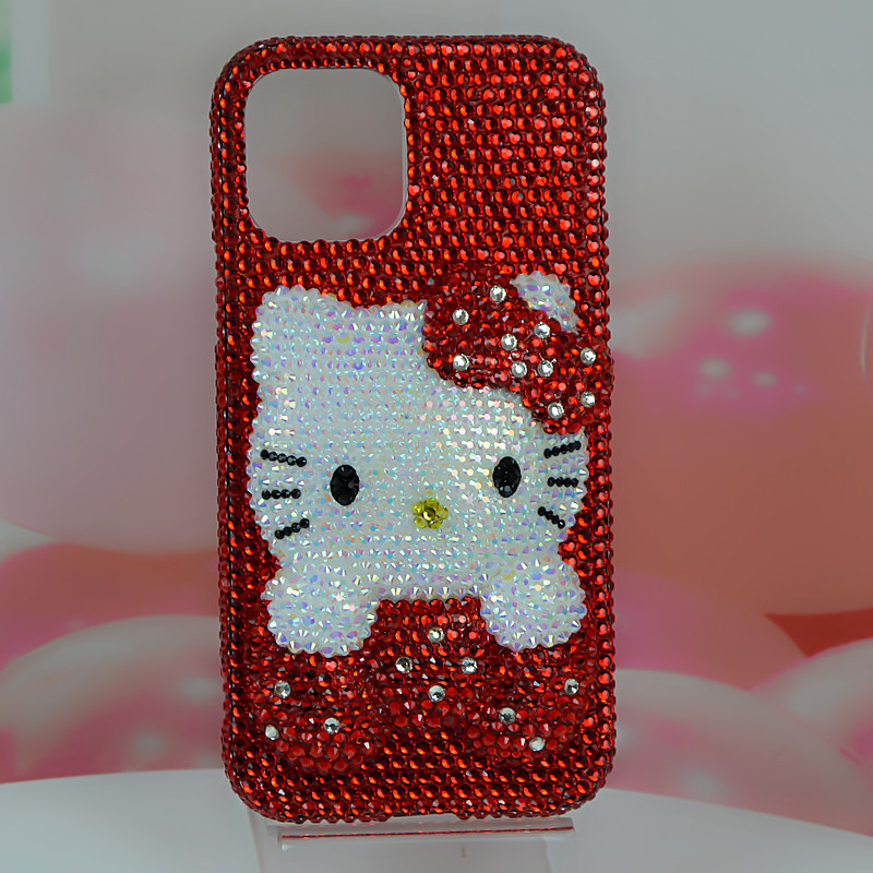 Applicable iPhone11 12 1314pro Max Apple 8plus Red Rhinestone Cat Phone Case All Inclusive. 