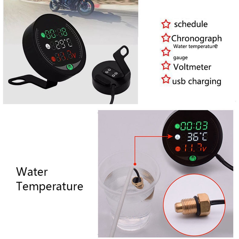 JDXHLAU 5 in 1 Motorcycle Water Temperature Meter USB Rechargable Time Voltmeter LED Night Vision Meter with Temperature Sensor. 