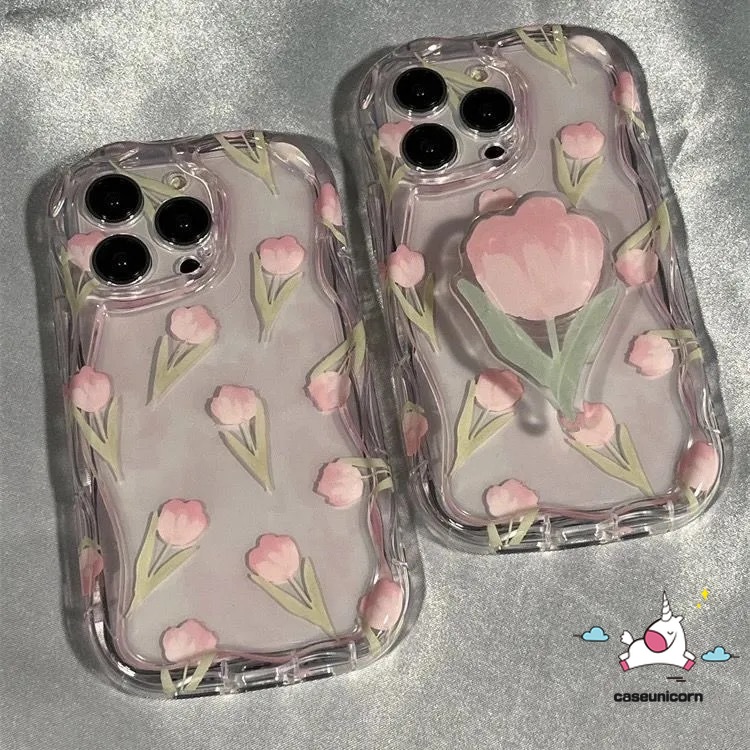 Pink Tulip Flower Stand Holder Iphone Case Compatiable For Realme C35 C55 C11 C25 C25Y C21Y 9i 7i 5i 6i 5 5s C20 C31 C17 C20A C25s C12 C33 C30 C3 C15 C1 C21 3D Wavy Curved Edge Soft Cover. 