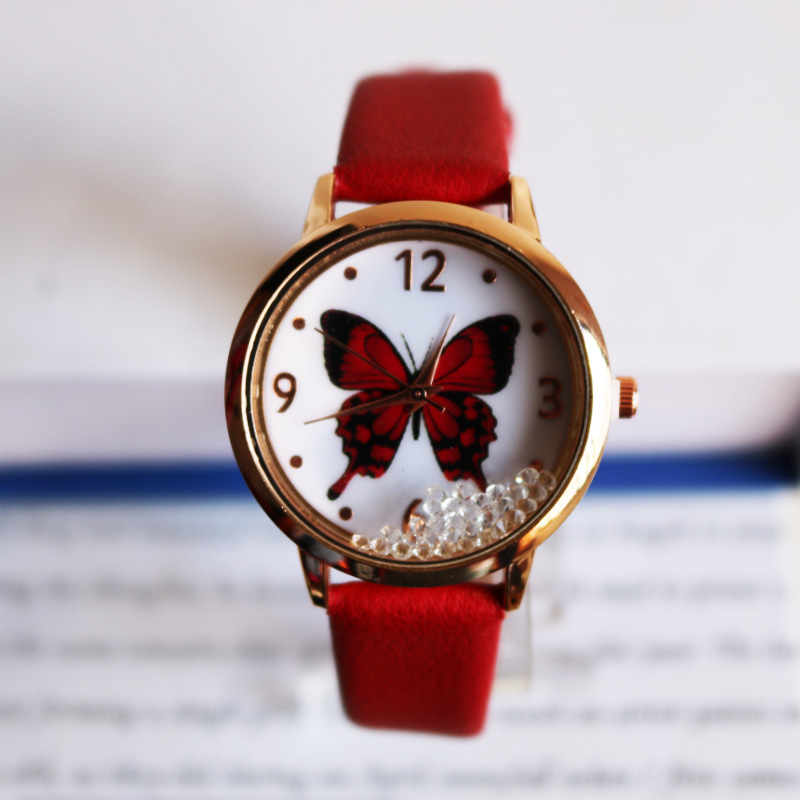 Fopul Mall Elegant Women's Butterfly Watch with Lucky Beads and Leather Strap