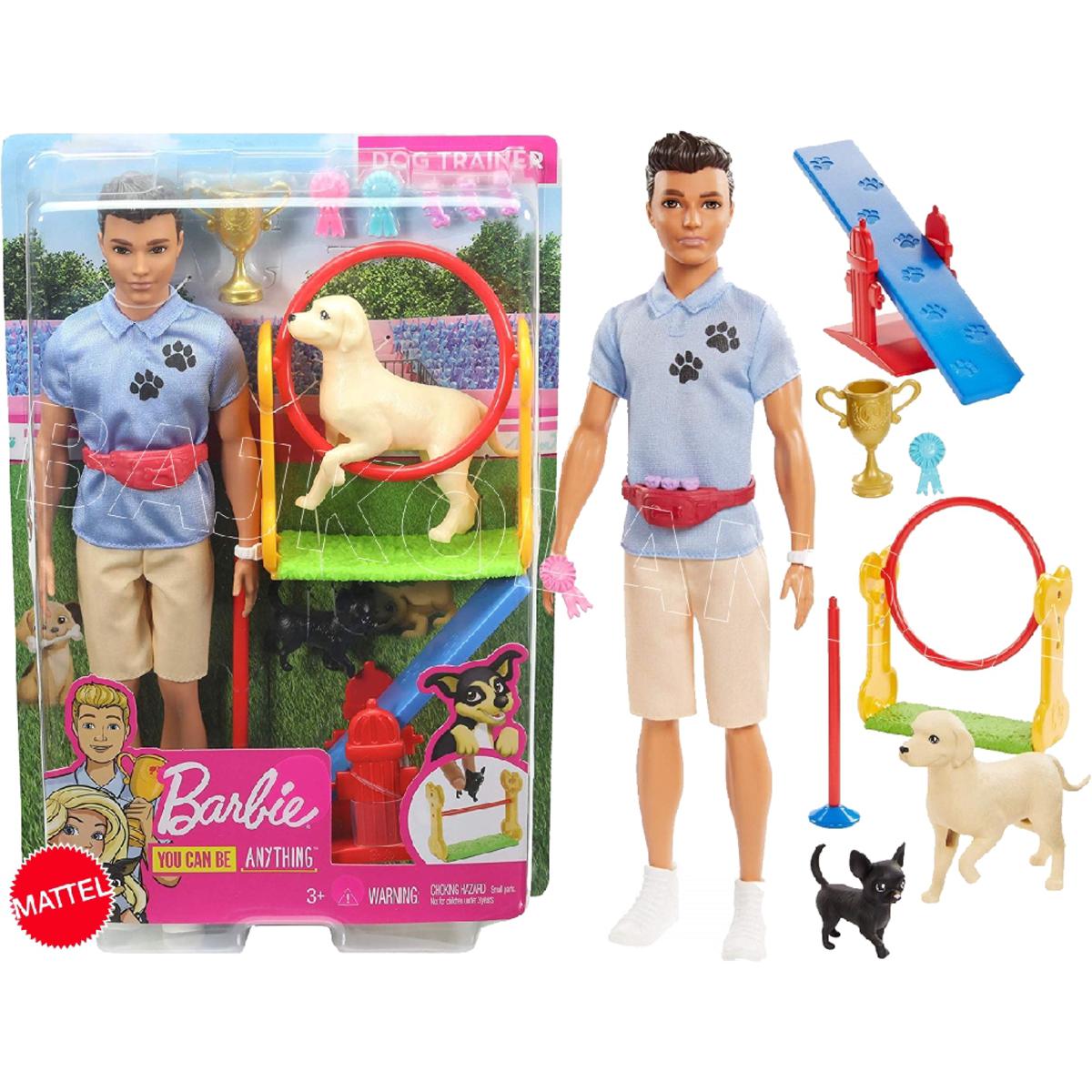 Barbie Ken Dog Trainer Doll with Accessories and 2 Dogs Figures, Hoop Ring, Balance Bar, Jumping Bar, Trophy and 2 Winner Ribbon. 
