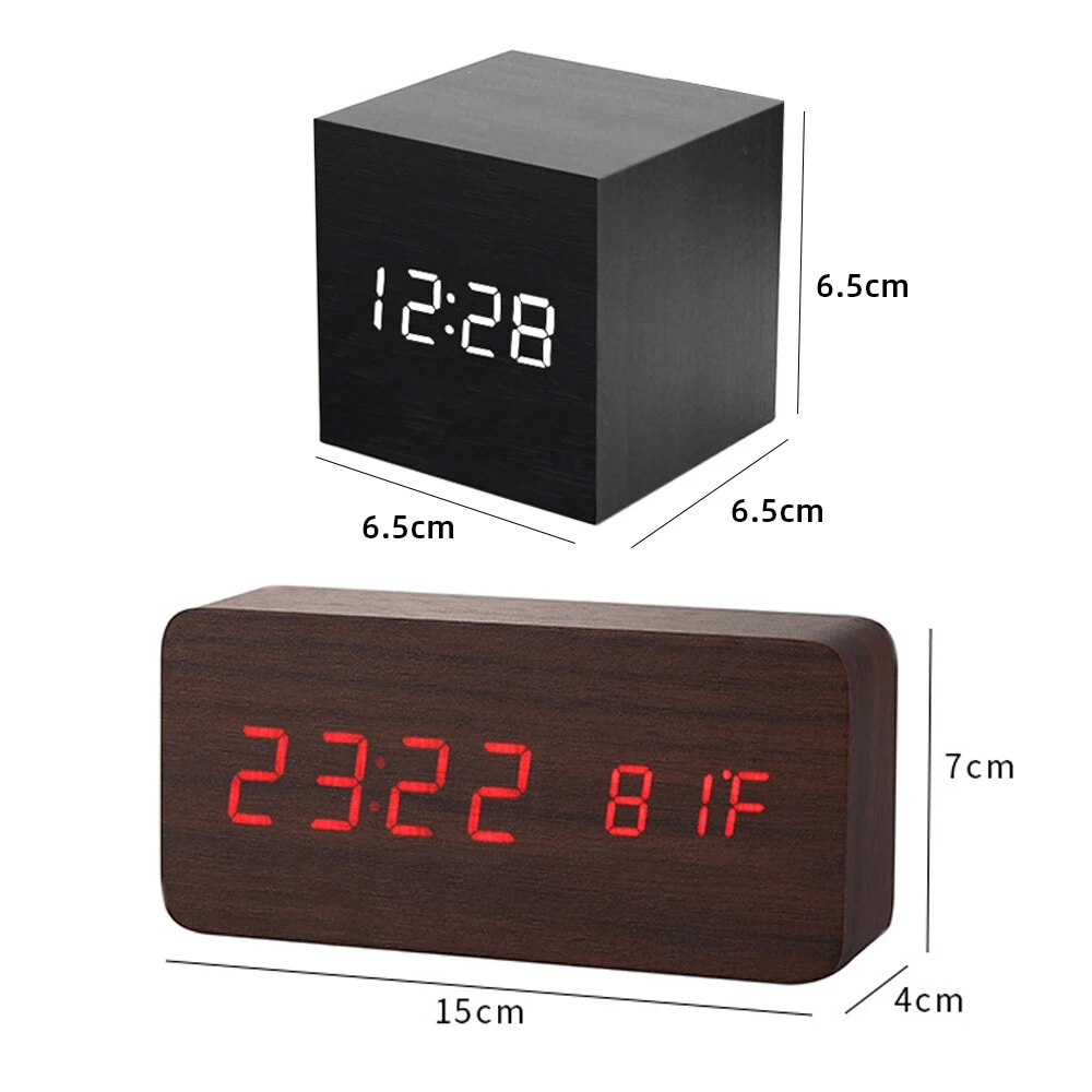 Wooden Digital Clock Multi-function LED Alarm Clock with Time/ Date/ Temperature Display and Voice Control for Home Office Trave. 