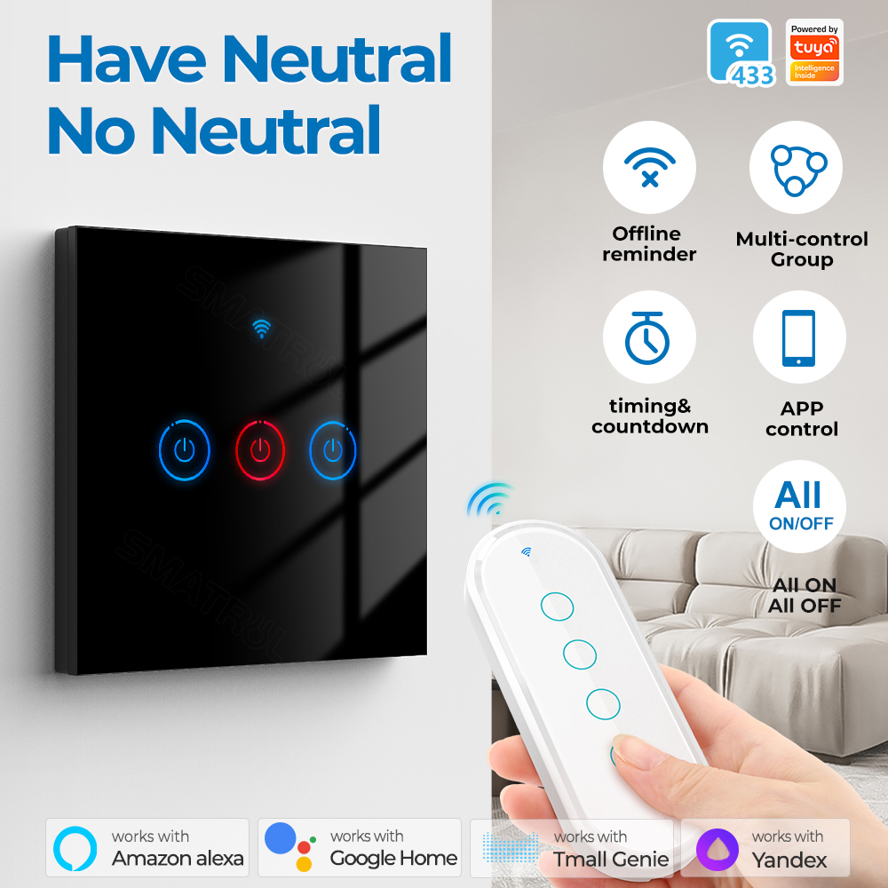 SMATRUL - Smart Wifi Switch - 1/2/3/4 Gang - Wifi Light Switch - RF 433 MHZ - 100V-240V - EU Standard - for Alexa and Google Home. 