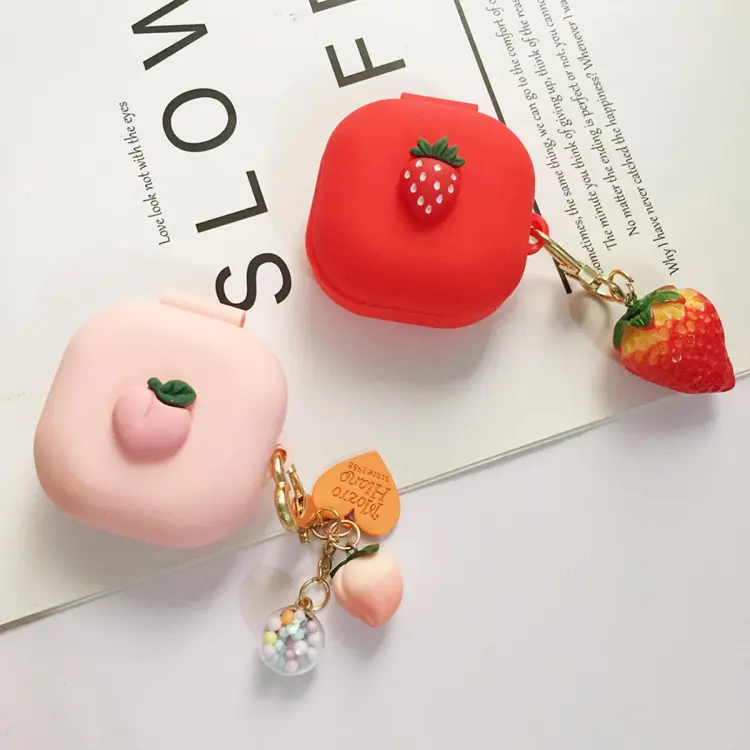 wakongSilicone Protect Case For Samsung Galaxy buds live buds PRO buds 2 Earphone Charging Box Accessories Cute Peach Keychain Cover