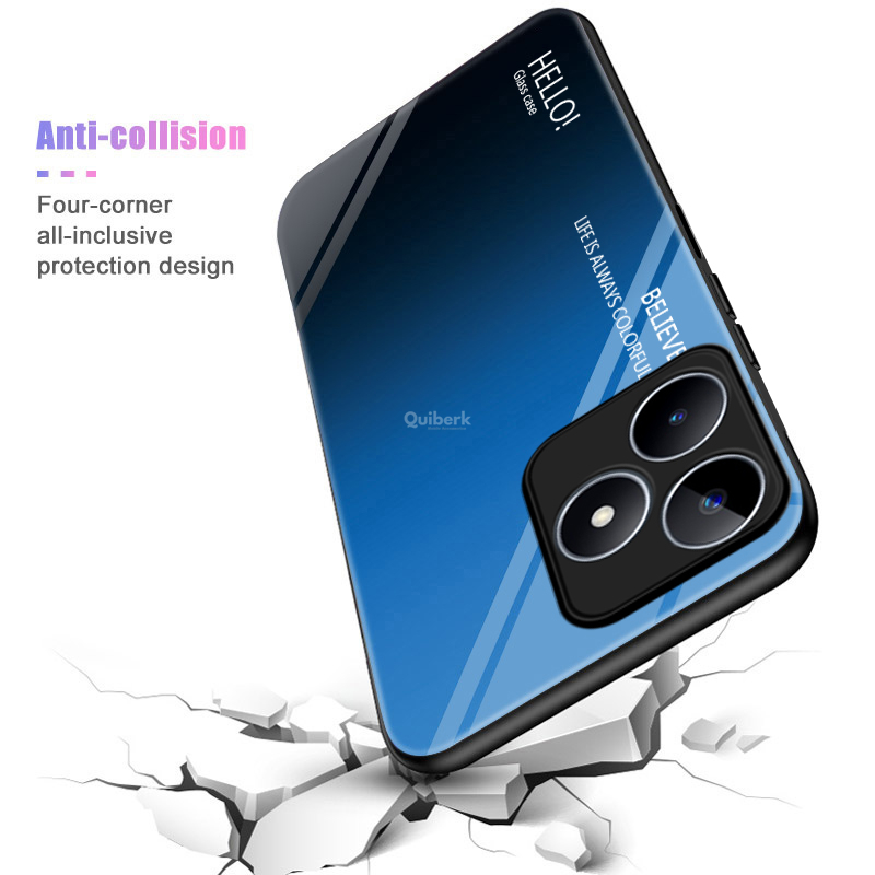 Quiberk for Realme C51 / C53 / Note 50 Tempered Glass Hard Case Gradient Color Back + Soft Frame Shockproof Phone Cover. 
