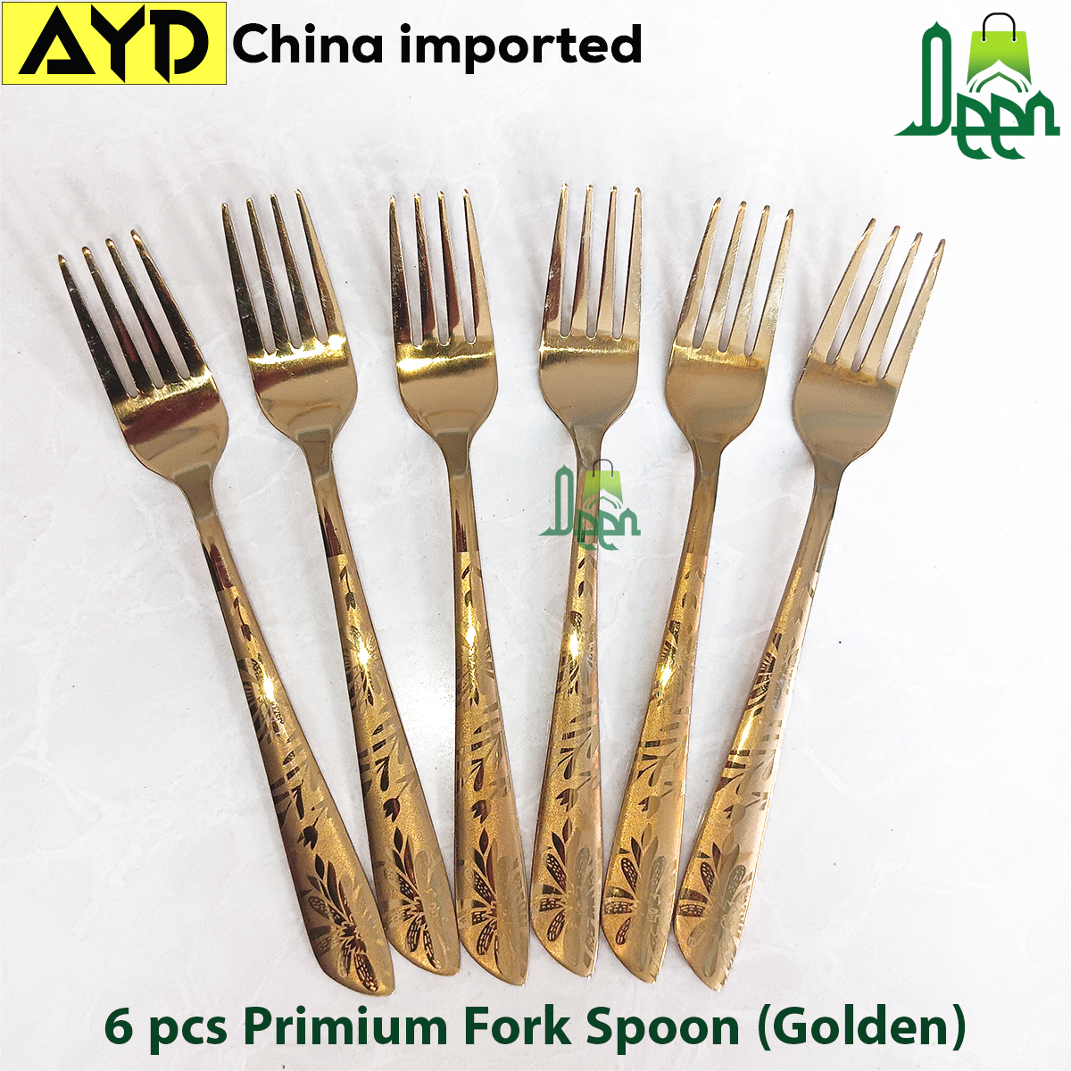 12 pcs set ayd Golden color Tea and Fork spoon set for Tableware , golden Fork spoon , 15 cm long Fork spoon golden color AYD golden Fork spoon 6 pcs tea spoon and 6 pcs fork spoon 15 cm long spoon. 