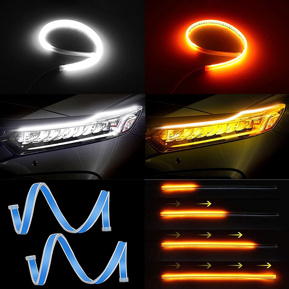 2pcs 12V LED DRL Car Daytime Running Light Flexible Waterproof Flow DRL LED Strip Auto Headlights White Turn Signal Lamp Yellow. 