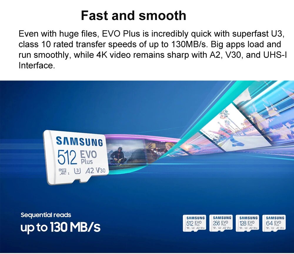 SAMSUNG EVO Plus Micro SD Card 128GB 256GB 512GB A2 V30 U3 Transfer 130MB/s Memory Card C10 U1 TF Card 64GB V10 A1 Memory Card. 