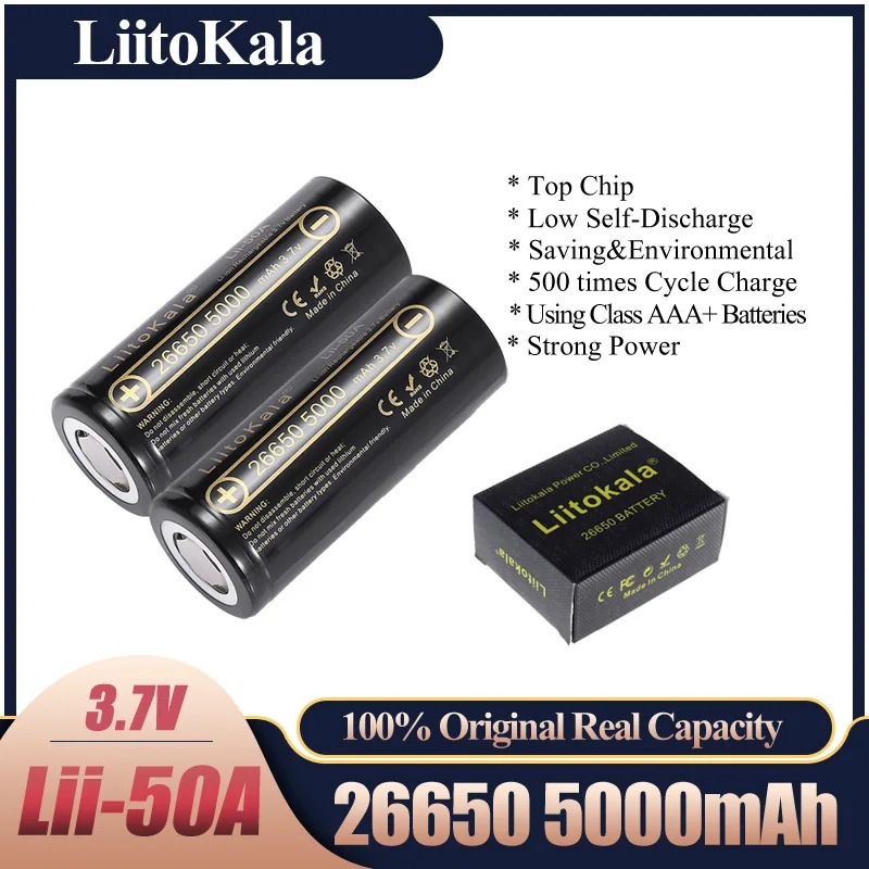 LiitoKala lii-50A 26650 5000mah lithium battery 3.7V 5000mAh 26650 rechargeable battery 26650-50A suitable for flashligh NEW- 2pcs