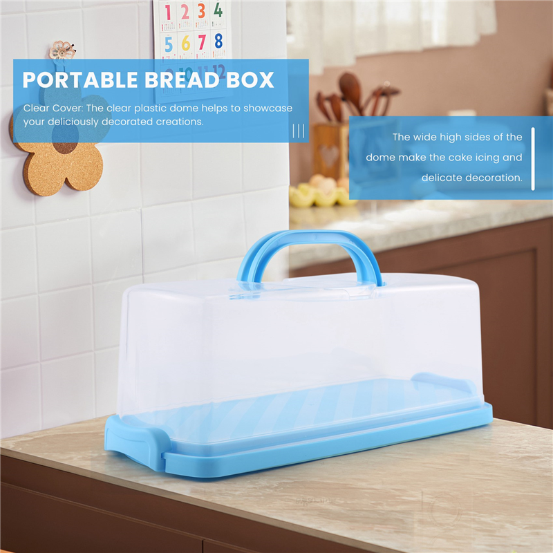 Portable Bread Box with Handle Loaf Cake Container Plastic Rectangular Food Storage Keeper Carrier 13Inch Translucent Dome for Pastries, Bagels, Bread Rolls, Buns. 