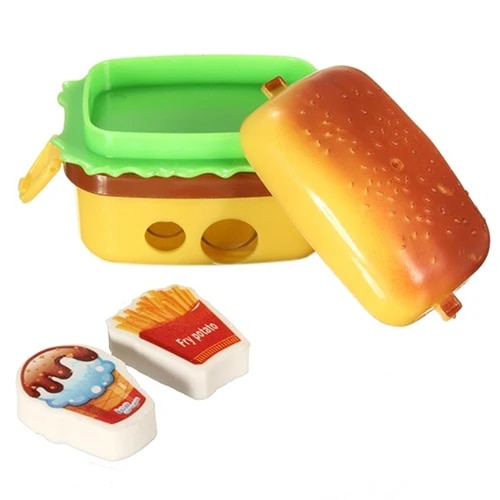 1Pc Cute Hamburger Pencil Sharpener with Two Rubbers Erasers Student Stationery. 