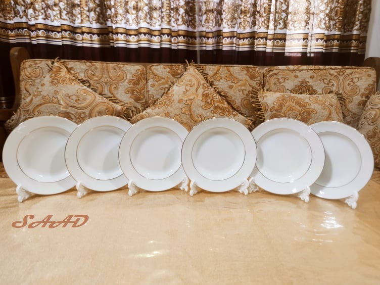 White With Golden Line Half Plate Set 7 Inch 6 Pcs Set. Porcelain Deep Cook Plate Set 7 Inch , Ceramic Sauce Plate , Cake Plate Or Salad Plate Set.. 