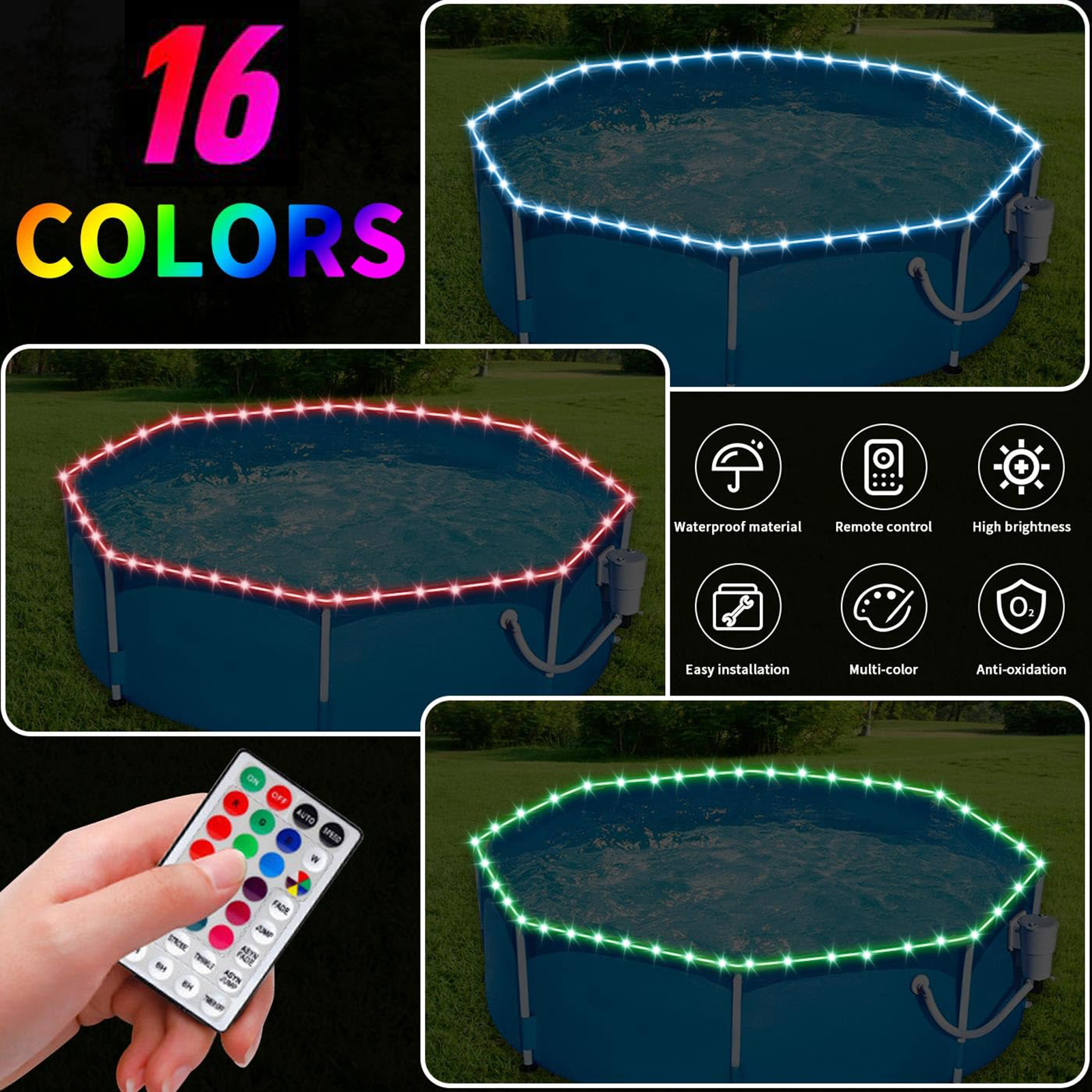 Battery Operated Pool Light Colorful Remote Control Pool Led Strip Light Waterproof Above Ground 16 Colors Available less Than Led Pool Light. 