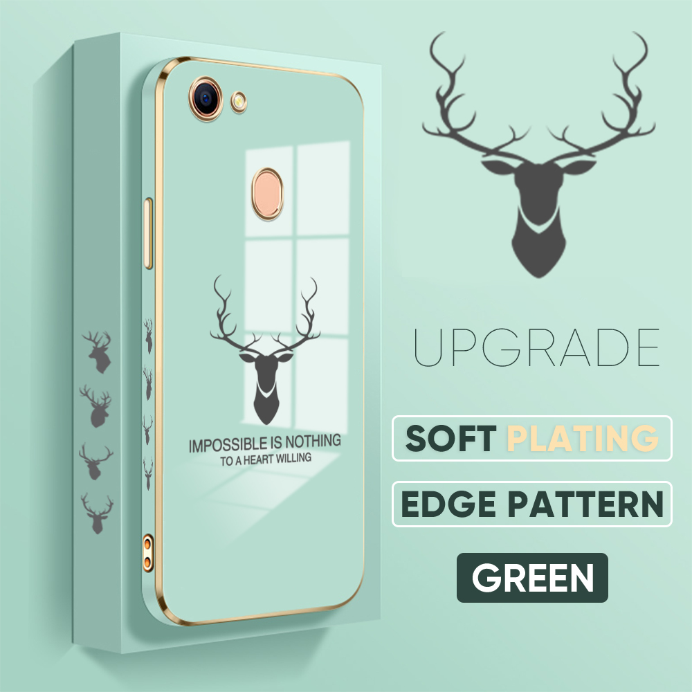 Jizetin (Free Lanyard) for OPPO F5 / F5 Plus / F5 Youth Back Cover Antlers Luxury 6D Plating Case Side Pattern Soft Silicone Square Mobile Phone Cases