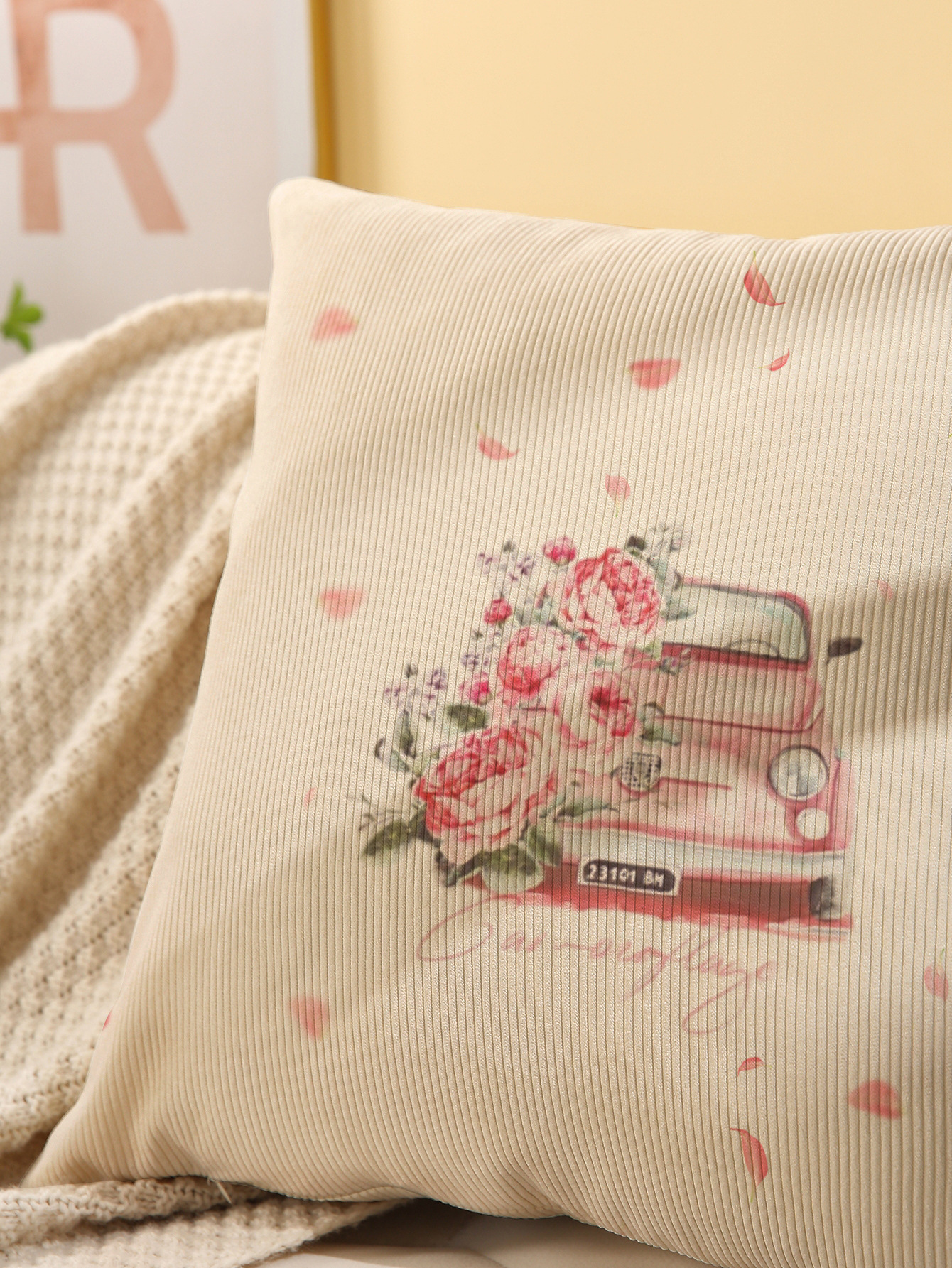 Simple Pink Car Figure Corduroy Pillow Cover Square Animal Pillow Case Sofa Office Pillow