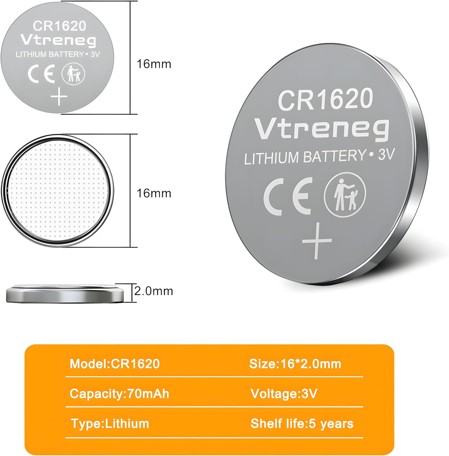 10 pack CR1620 battery, 1620 3V lithium coin button battery for key fob Airtag watch car remote battery. 