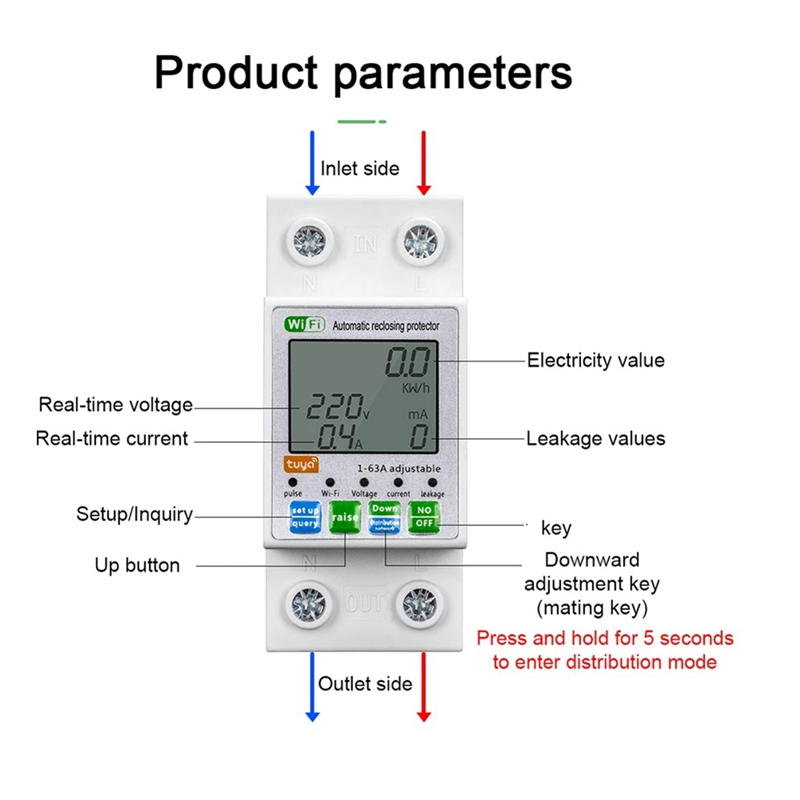 Tuya WiFi 1-63A Intelligent Automatic Reclosing Protector Current Voltage Monitoring MeterDisplay Switch Power Meter Easy Install. 