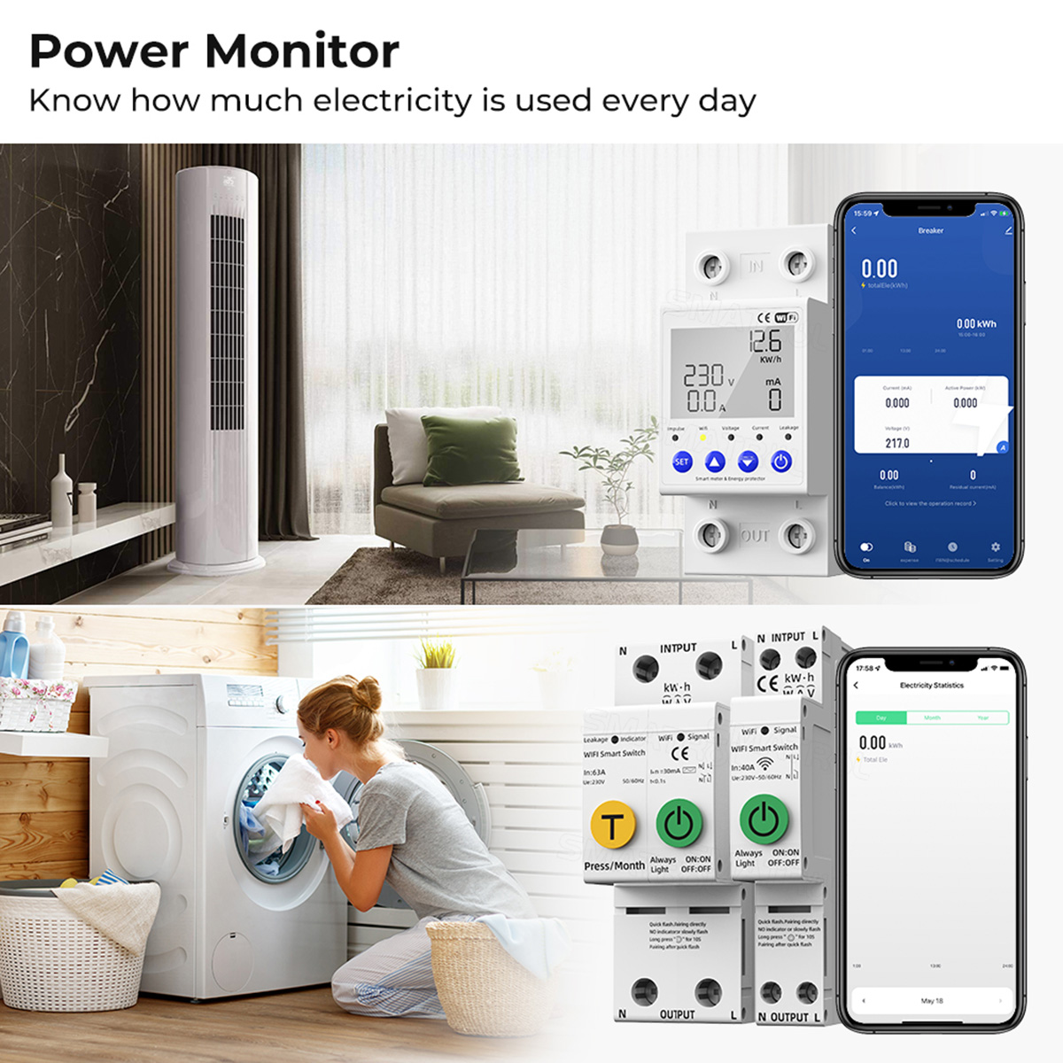 SMATRUL Tuya WIFI Smart Switch 40/63A Energy Meter Kwh Metering Circuit Breaker Timer with voltage current and leakage protection. 