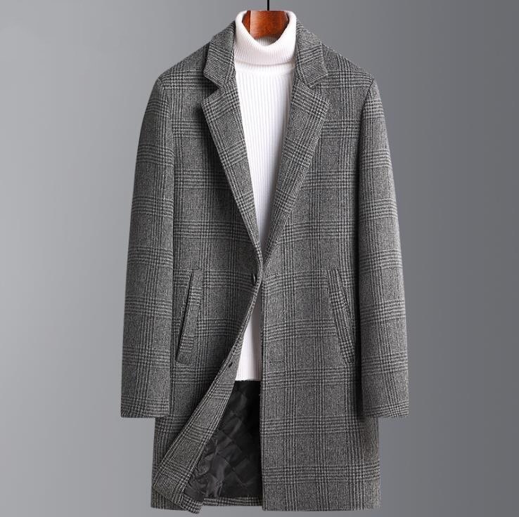 Woolen Coat Men's Autumn Winter Thickened Medium Length Plaid Windbreaker Wool Overcoat Men Camel Coats Mens Jacket Outerwear. 