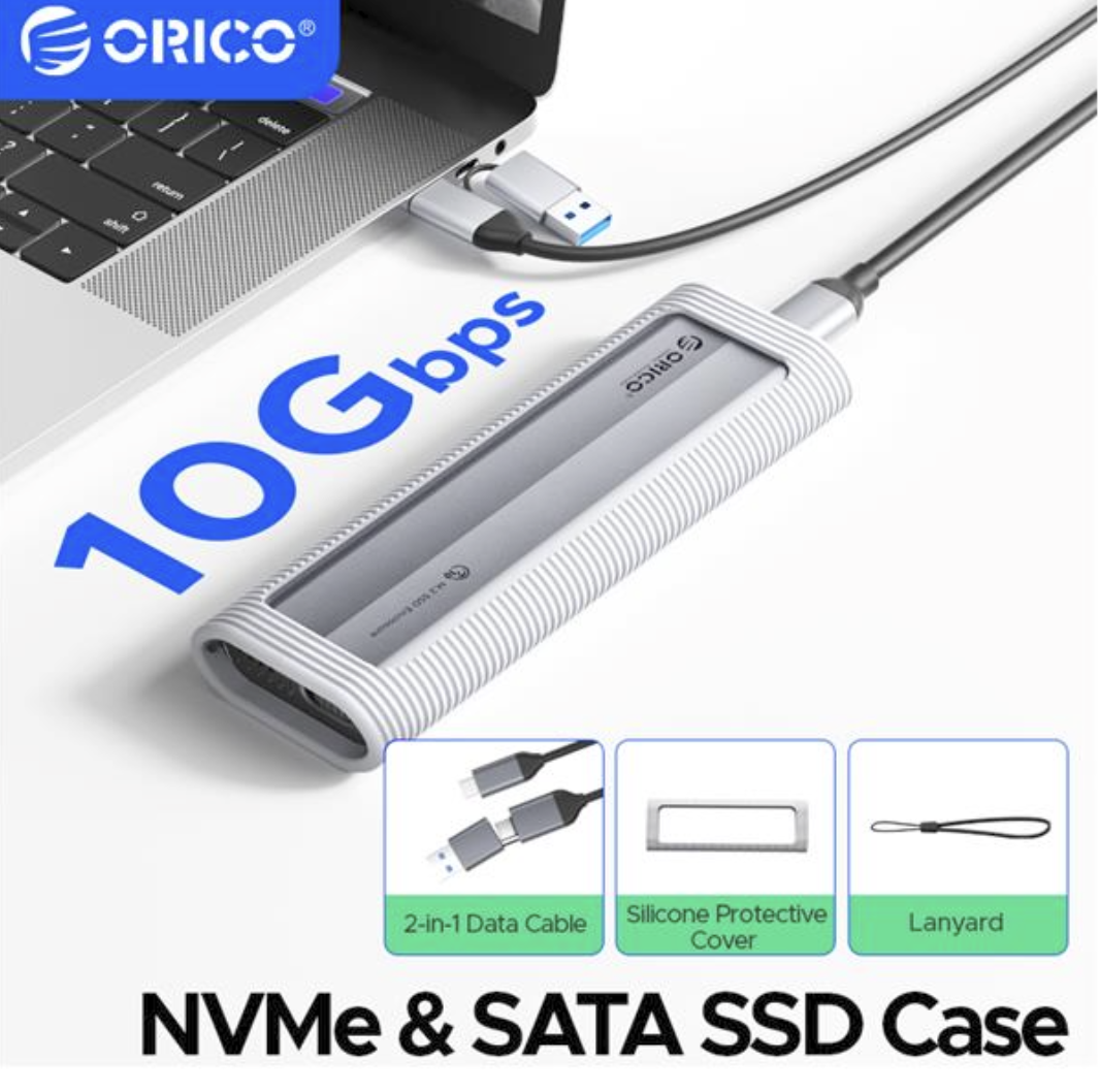 ORICO AXM2S-G2 M.2 NVMe & M.2 NGFF/M.2 SATA SSD Enclosure With Silicone Protective Case USB-C up to 10 Gbps, 2-in-1 Cable Portable Hanging Rope