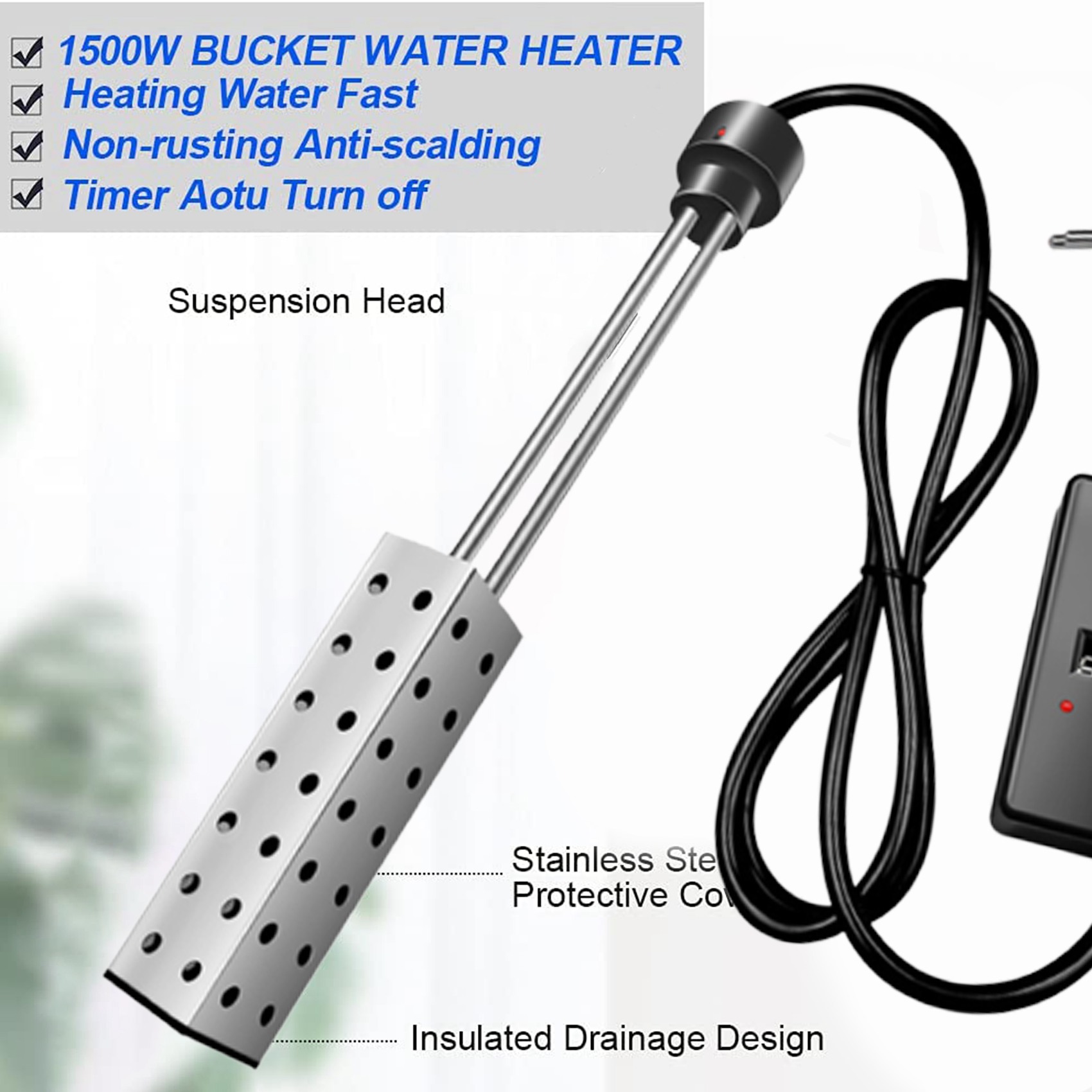 Immersion Water Heater 2500W Electric Bucket Heater with Timer Auto Shut Off Hot Tub Heater for Home Winter EU Plug. 