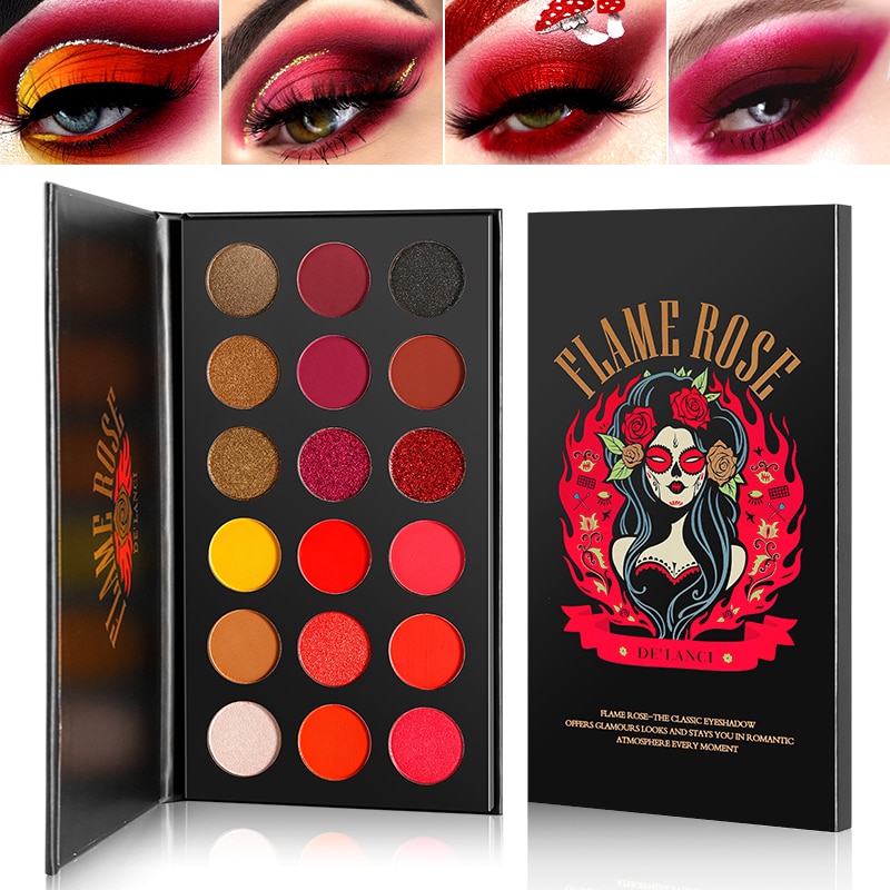 FLAME ROSE Red Eyeshadow Makeup Palette professional,DE'LANCI Pigmented 18 Color Eyeshadow Pallet Matte Shimmer Glitter Abandon Abandon. 