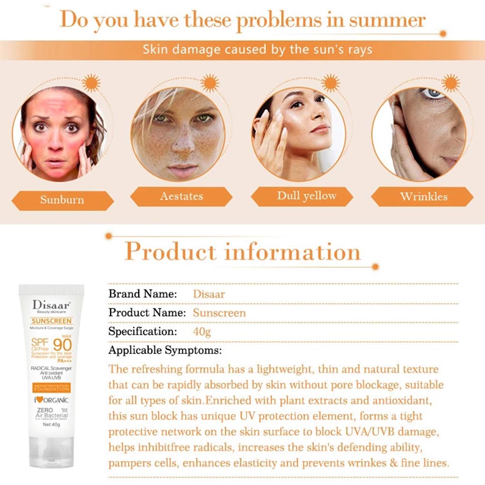 Disaar SPF90 Oil-Free Sunscreen Cream 40g | Instant Protection UVA UVB Foundation PA+++. 