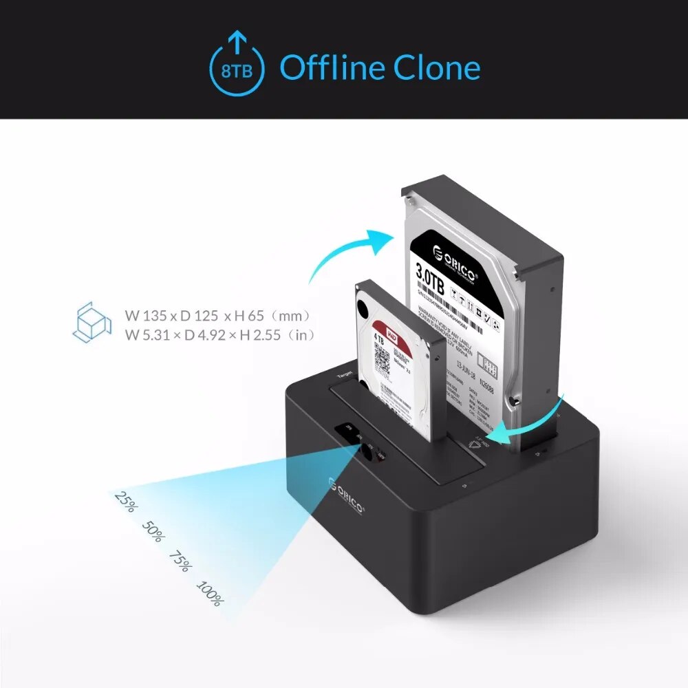 ORICO SATA to USB 3.0 Multi Hard Drive Docking Station with Offline Clone 2 Bay HDD Docking Station for 2.5/3.5 inch HDD SSD. 