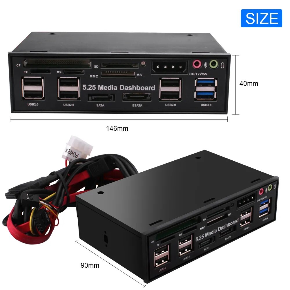DeepFox Multifuntion 5.25 Media Dashboard Card Reader USB 2.0 USB 3.0 20 Pin e-SATA SATA Front Panel for Optical Drives Bay. 