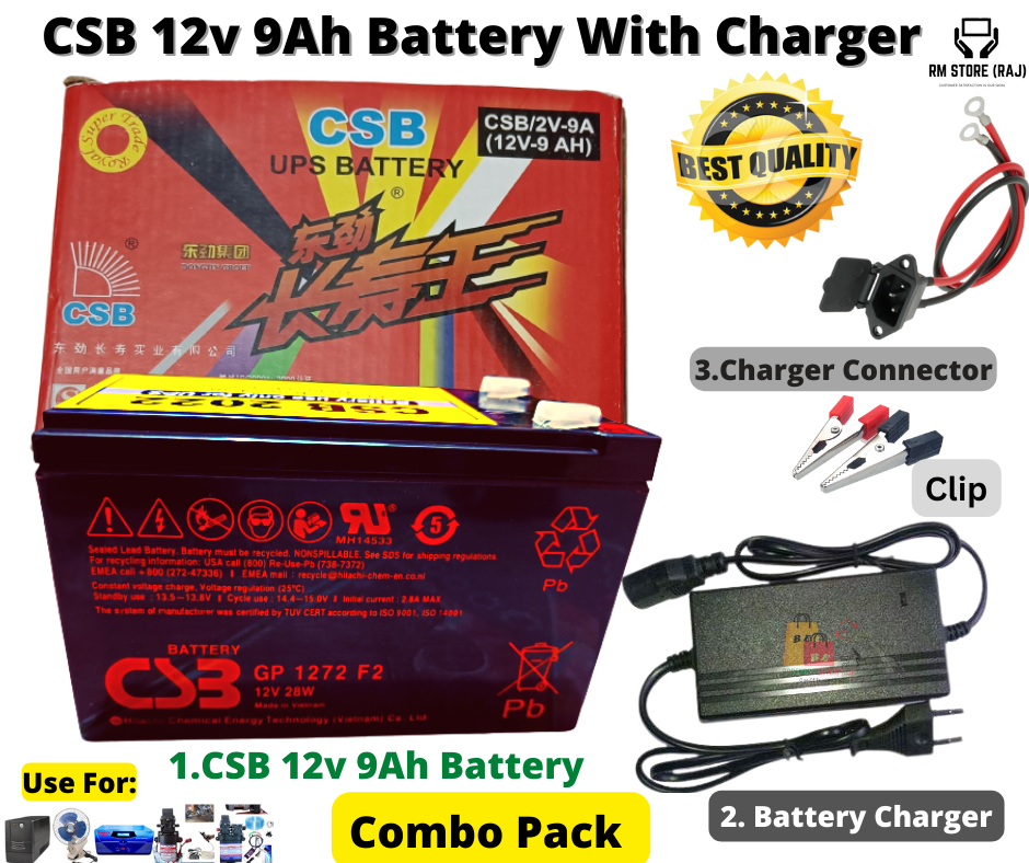 12 Volt 9AH battery With Charger -COMBO / CSB 12 Volt 9AH Lead Acid Battery -12V CSB Battery / Dry Cell 12 9AH  Battery With Charger + Socket Clip / 12 Volt Battery. 