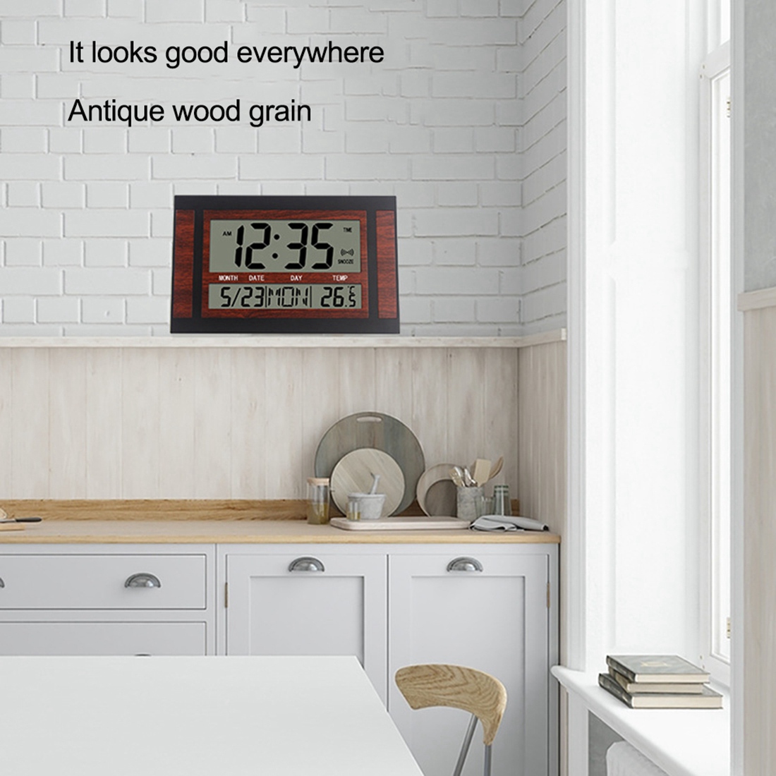 Digital Wall Clock LCD Large Number Time Temperature Calendar Alarm Table Desk Clock Modern Design Office Home Silver. 