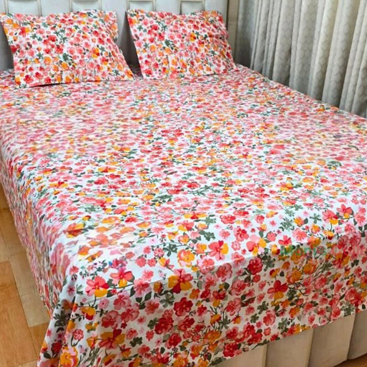 Cotton Fabric Printed 7 Feet by 8.5 Feet Double King Size Bedsheet Set with Two Pillow Covers Bed Sheet