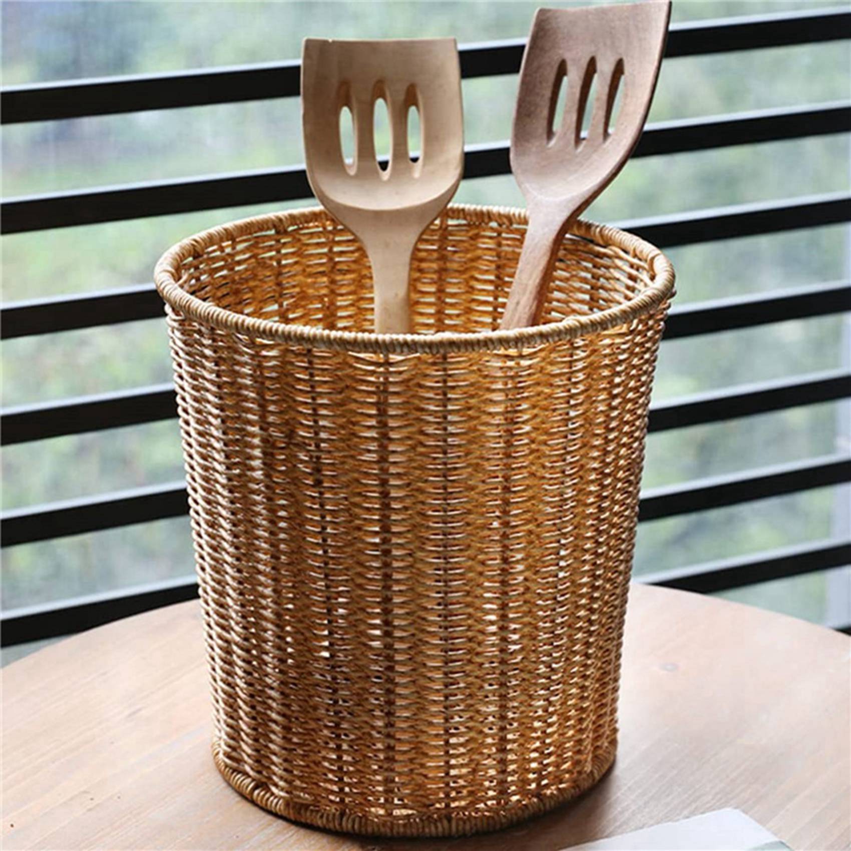 2X Woven Basket Trash Can Round Rattan Waste Basket with Lid Planter Woven Storage Baskets Wicker Garbage Bin. 