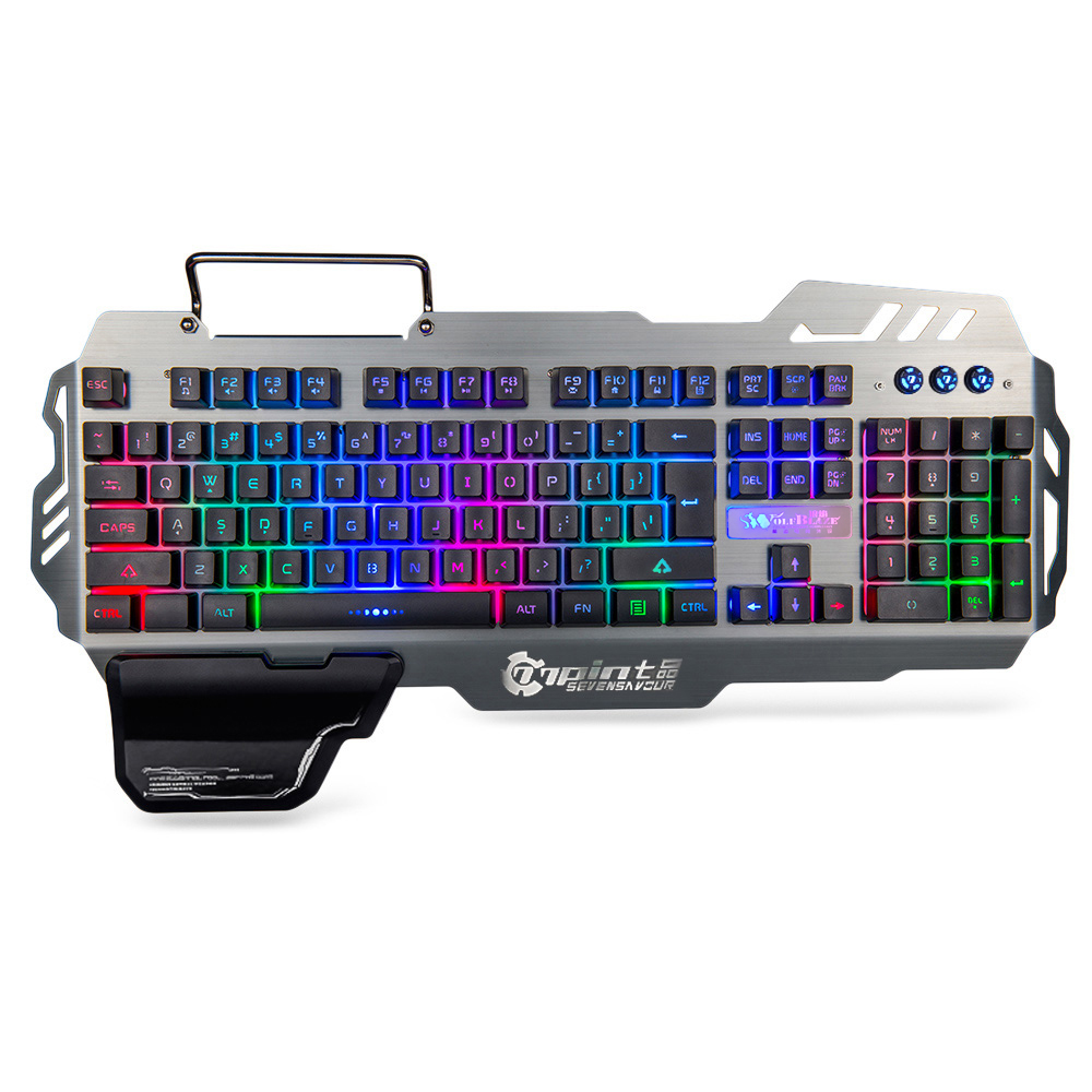HXSJ 7Pin Pk-900 Gaming Keyboard Rgb Backlight Computer Keyboard With Mo-bile P-hone HO-lder Wrist Rest S-ilver. 