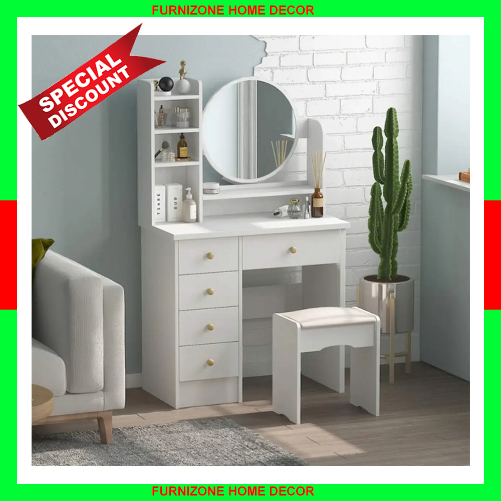 Round Mirror Dressing Table With Drawers & Shelves White (WithOut Stool) by FURNIZONE BD