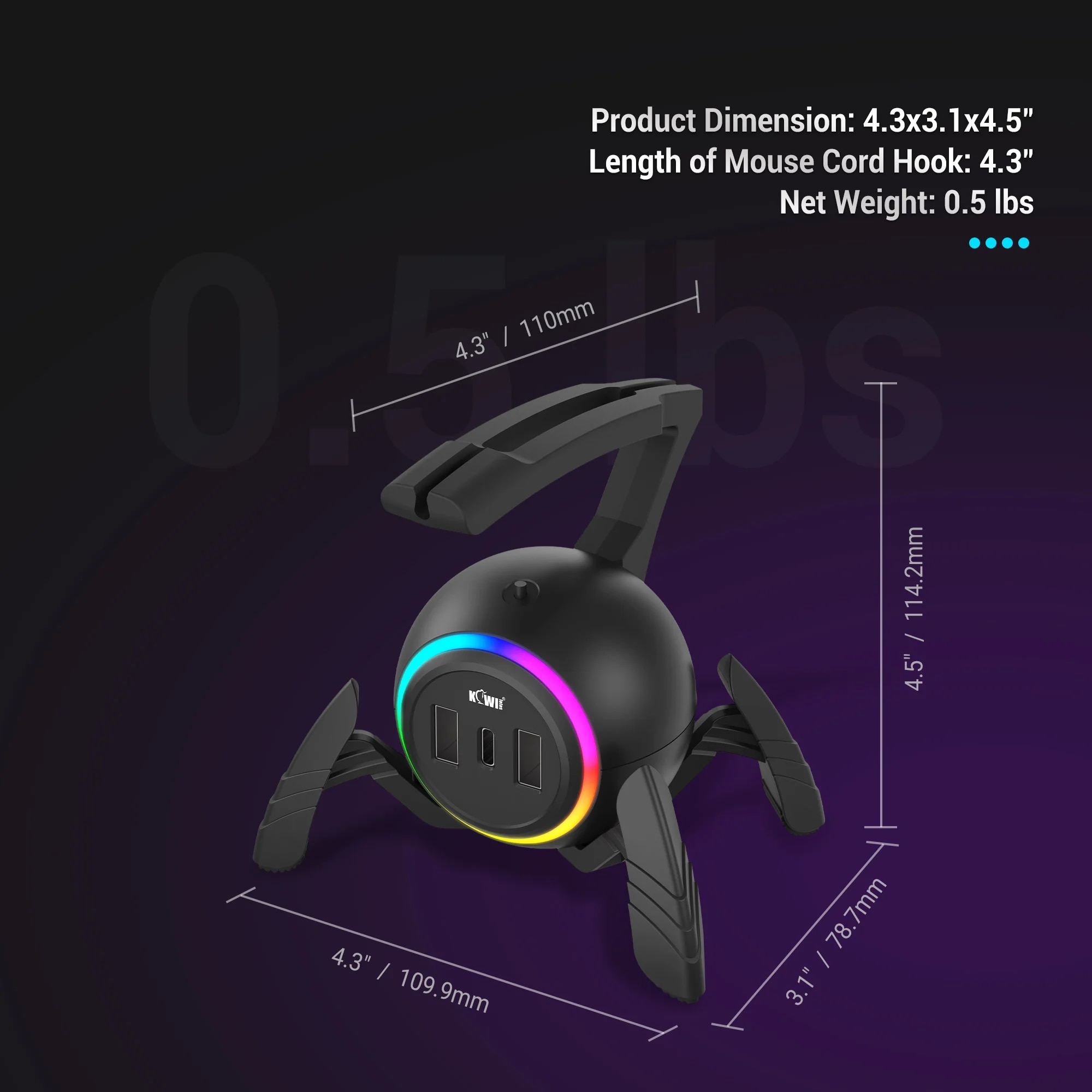 Gaming Mouse Bungee Cable Winder Organizer Flexible Mouse Bungee Cord Holder With 2 USB 2.0 port+1 Type-C port for Data Transfer. 