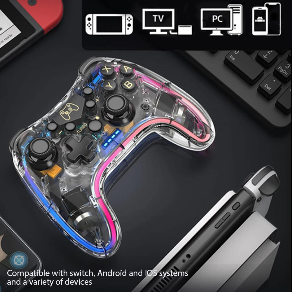 Wireless Transparent RGB Video Gamepads Game Controller Joystick STK-7039RG Compatible For Switch Pro Windows 7/8/10 And PC Steam.