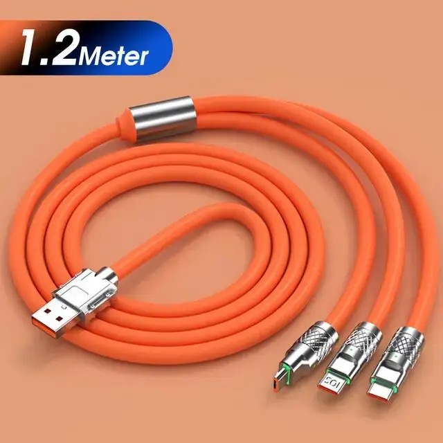 Original Zinc Alloy 3 In 1 120W 6A Super Fast Charging Cable Liquid Silicone Fast Charging Data Cable For Micro USB Type-C Iphone With Indication Light. 